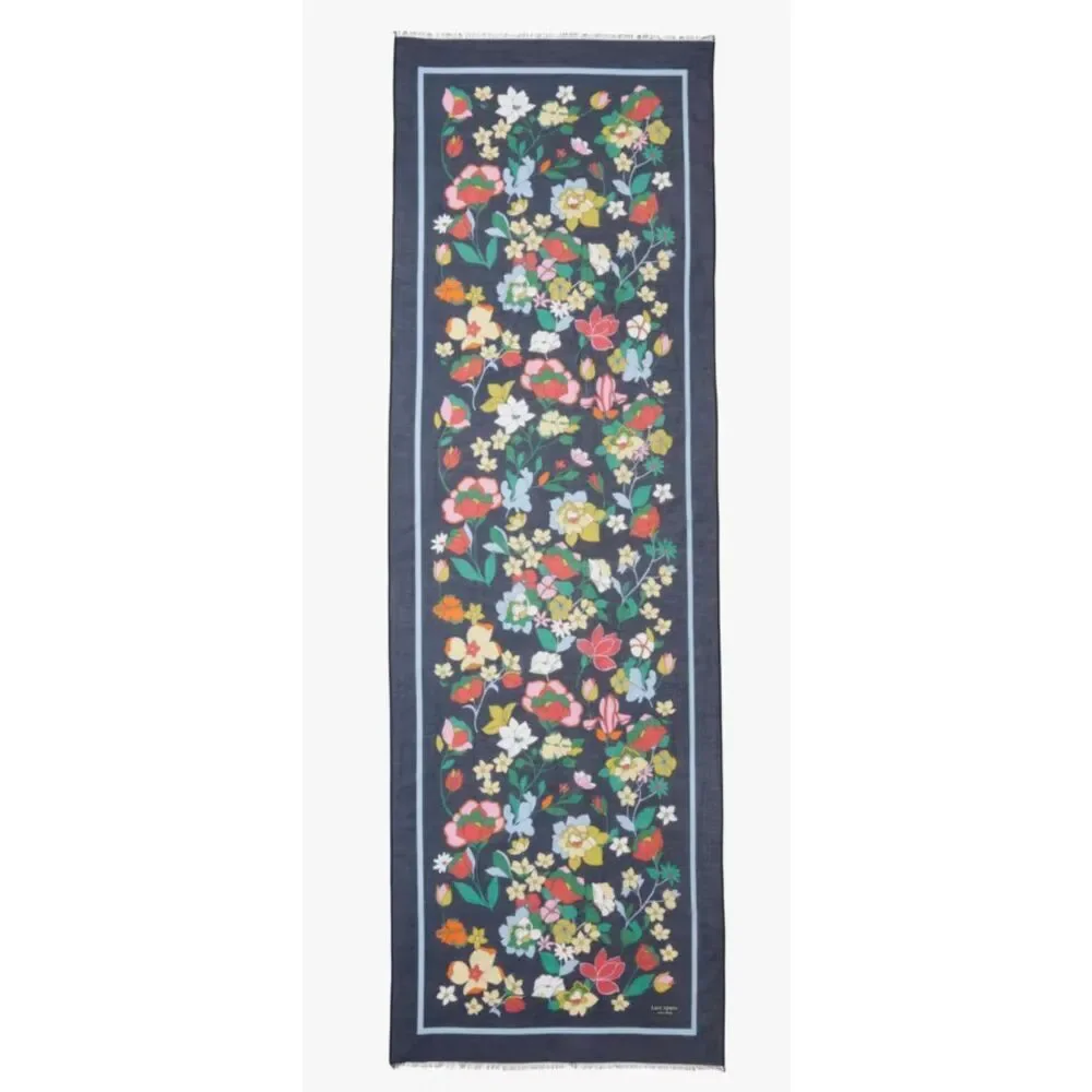 Kate Spade New York Floral Oblong Silk Cotton Scarf | Navy Botanical Garden Wrap